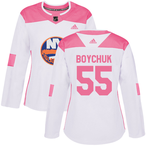 Adidas Islanders #55 Johnny Boychuk White/Pink Authentic Fashion Women's Stitched NHL Jersey